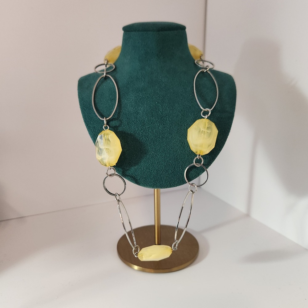 Yellow‎ Marbled Resin Chunky Statement Necklace Silver Tone Mixed Link Chain